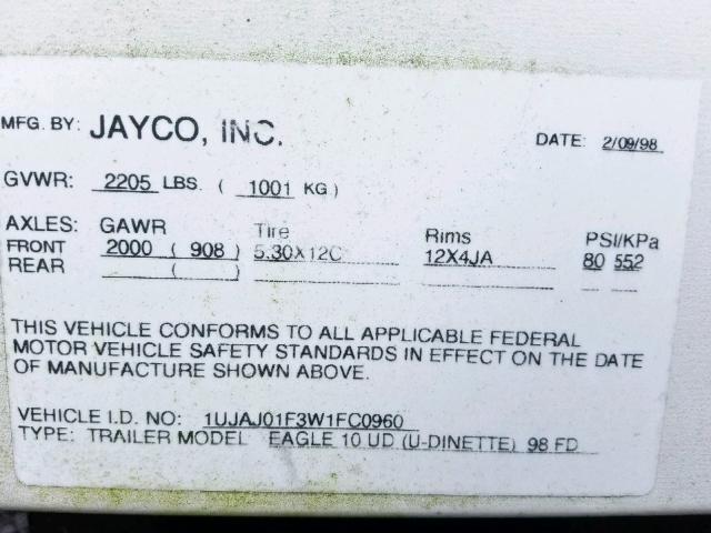 1UJAJ01F3W1FC0960 - 1998 JAYCO POP UP WHITE photo 10