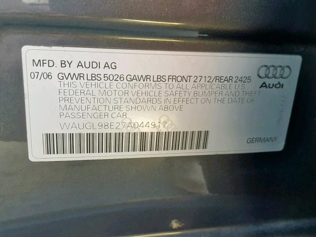 WAUGL98E27A044917 - 2007 AUDI NEW S4 QUA GRAY photo 10