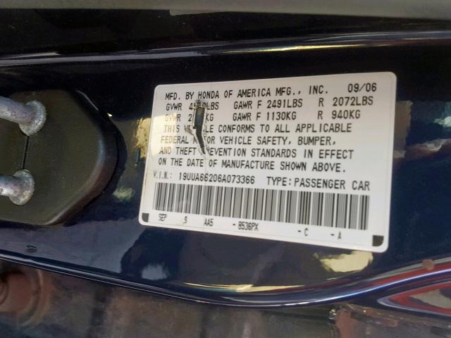 19UUA66206A073366 - 2006 ACURA 3.2TL BLUE photo 10