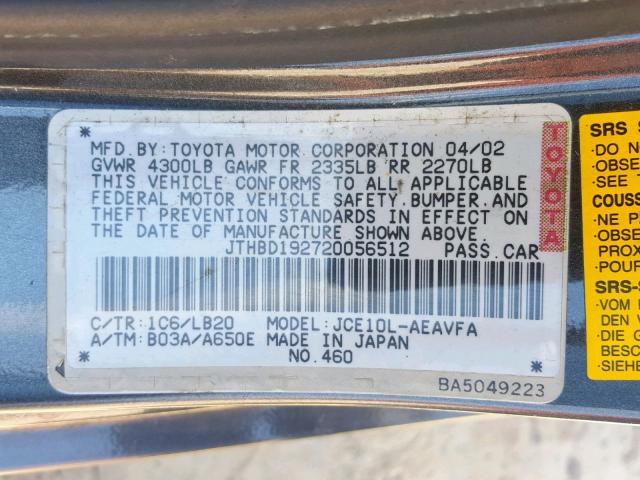 JTHBD192720056512 - 2002 LEXUS IS 300 GRAY photo 10