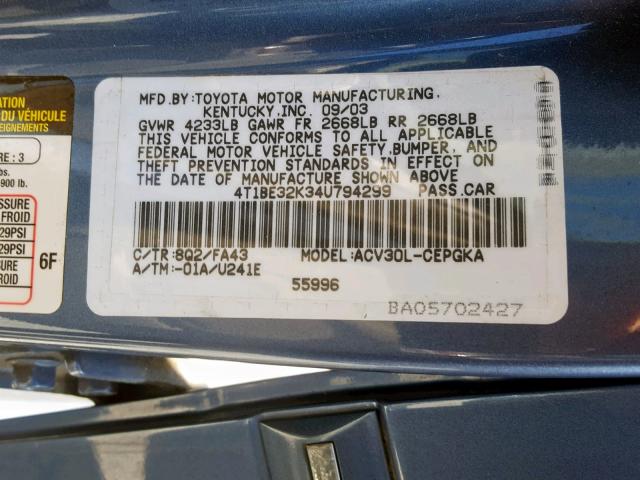 4T1BE32K34U794299 - 2004 TOYOTA CAMRY LE BLUE photo 10