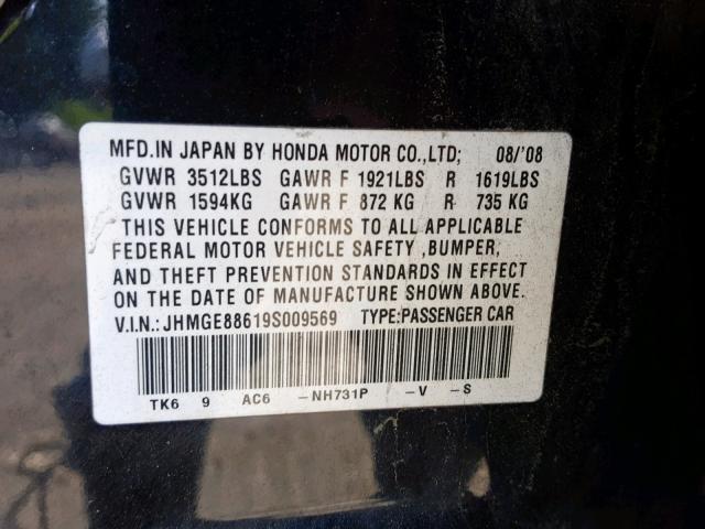 JHMGE88619S009569 - 2009 HONDA FIT SPORT BLACK photo 10