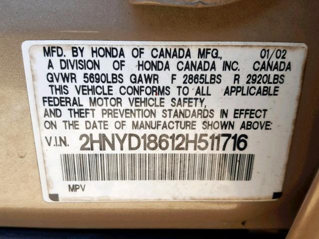 2HNYD18612H511716 - 2002 ACURA MDX TOURIN GOLD photo 10