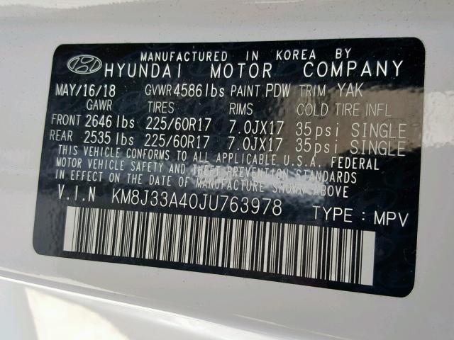 KM8J33A40JU763978 - 2018 HYUNDAI TUCSON SEL WHITE photo 10