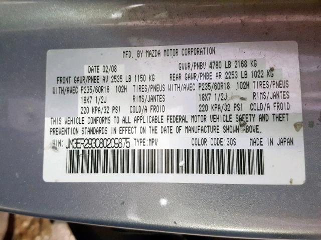 JM3ER293080209875 - 2008 MAZDA CX-7 SILVER photo 10