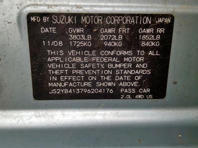 JS2YB413796204176 - 2009 SUZUKI SX4 TECHNO SILVER photo 10