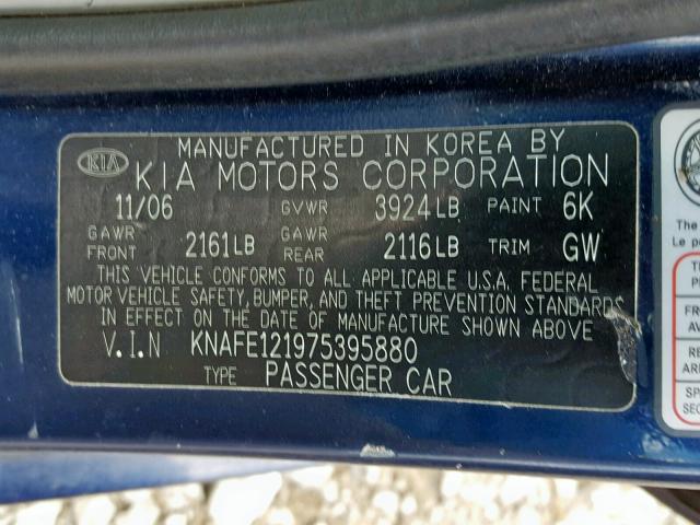 KNAFE121975395880 - 2007 KIA SPECTRA EX BLUE photo 10