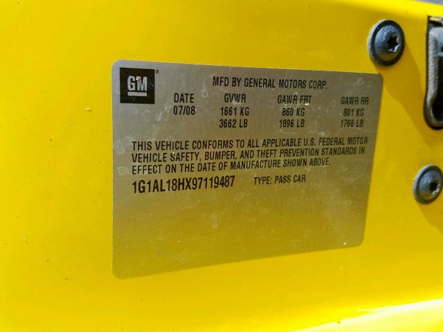 1G1AL18HX97119487 - 2009 CHEVROLET COBALT LT YELLOW photo 10