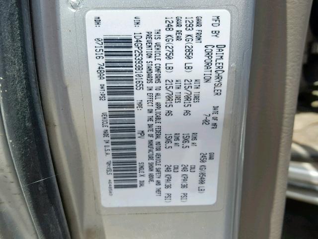 1D4GP25393B101655 - 2003 DODGE CARAVAN SE SILVER photo 10