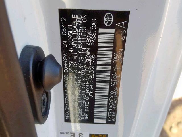 JTKJF5C78D3048738 - 2013 TOYOTA SCION TC თეთრი ფოტო 10