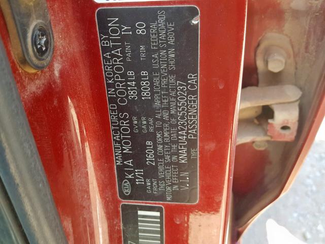 KNAFU4A23C5550237 - 2012 KIA FORTE EX RED photo 10