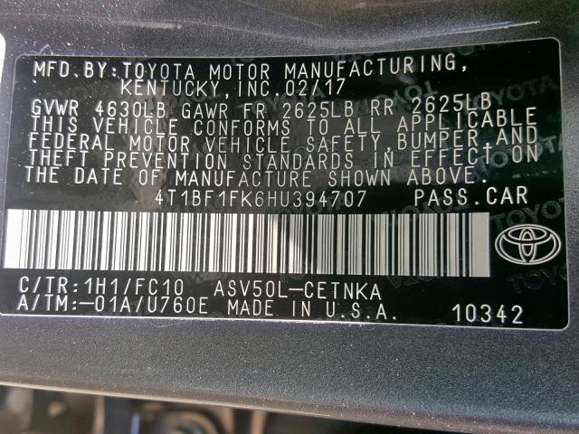 4T1BF1FK6HU394707 - 2017 TOYOTA CAMRY LE GRAY photo 10