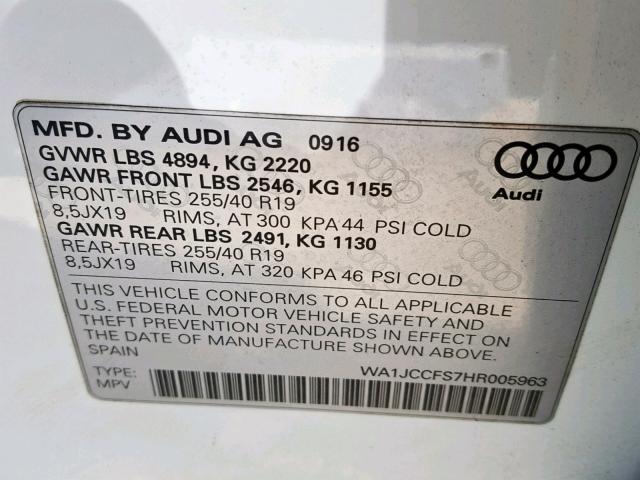 WA1JCCFS7HR005963 - 2017 AUDI Q3 PREMIUM WHITE photo 10