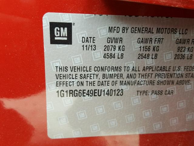 1G1RG6E49EU140123 - 2014 CHEVROLET VOLT RED photo 10