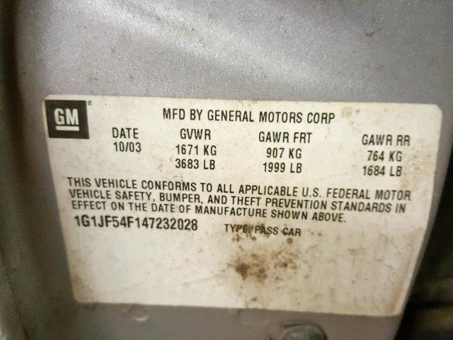 1G1JF54F147232028 - 2004 CHEVROLET CAVALIER L SILVER photo 10