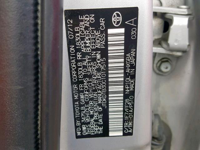 JTDKDTB30C1017515 - 2012 TOYOTA PRIUS C SILVER photo 10