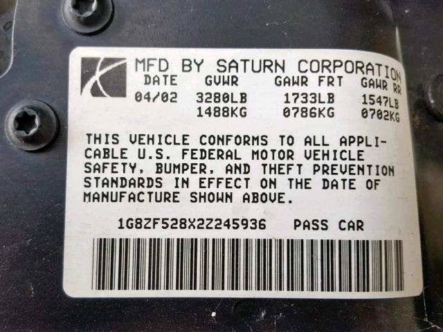 1G8ZF528X2Z245936 - 2002 SATURN SL SILVER photo 10