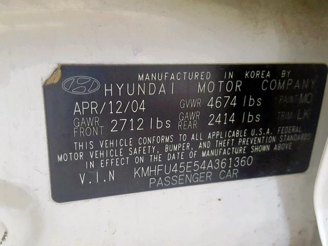 KMHFU45E54A361360 - 2004 HYUNDAI XG 350 WHITE photo 10