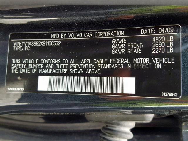 YV1AS982X91106532 - 2009 VOLVO S80 3.2 GRAY photo 10