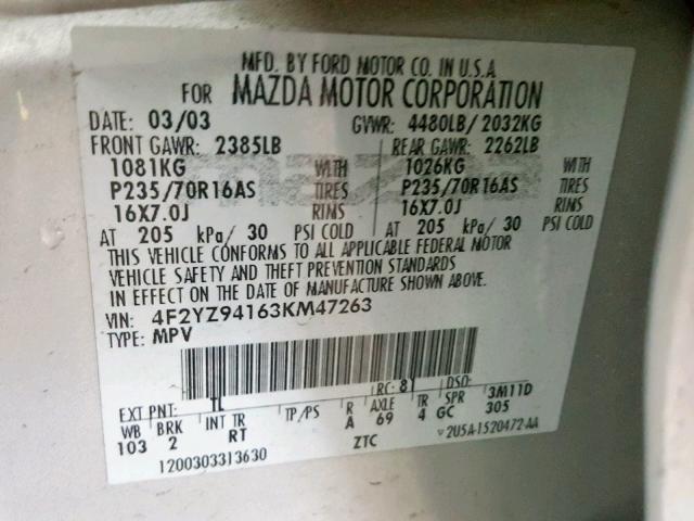 4F2YZ94163KM47263 - 2003 MAZDA TRIBUTE LX SILVER photo 10