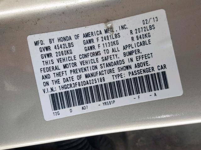 1HGCR3F80DA025189 - 2013 HONDA ACCORD EXL GOLD photo 10