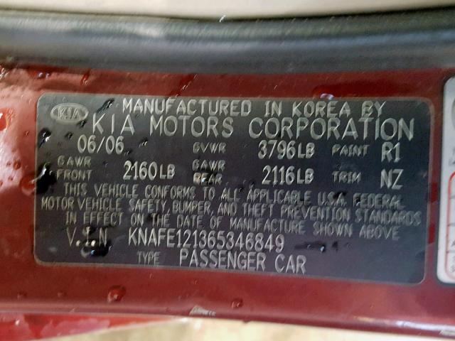 KNAFE121365346849 - 2006 KIA NEW SPECTR MAROON photo 10