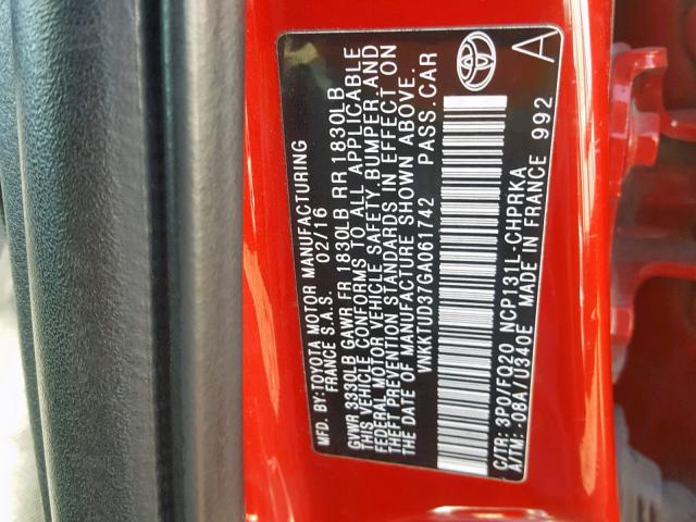 VNKKTUD37GA061742 - 2016 TOYOTA YARIS L RED photo 10