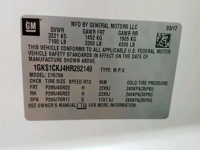 1GKS1CKJ4HR282149 - 2017 GMC YUKON DENA WHITE photo 10