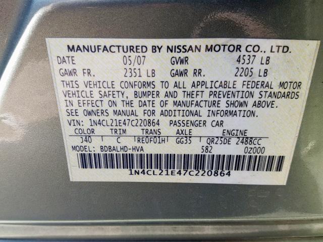 1N4CL21E47C220864 - 2007 NISSAN ALTIMA HYB GREEN photo 10