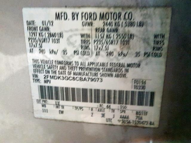 2FMDK3GC8CBA79073 - 2012 FORD EDGE SE SILVER photo 10