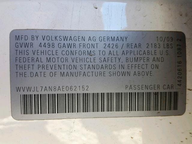 WVWJL7AN8AE062152 - 2010 VOLKSWAGEN PASSAT KOM WHITE photo 10