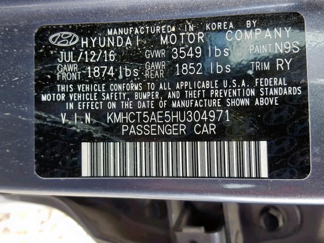 KMHCT5AE5HU304971 - 2017 HYUNDAI ACCENT SE GRAY photo 10