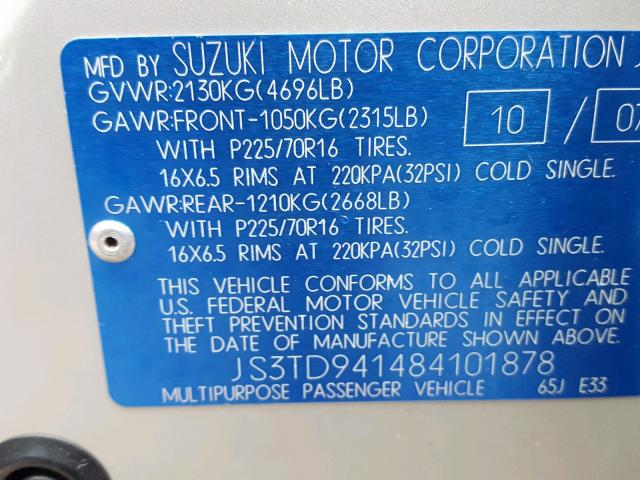 JS3TD941484101878 - 2008 SUZUKI GRAND VITA SILVER photo 10