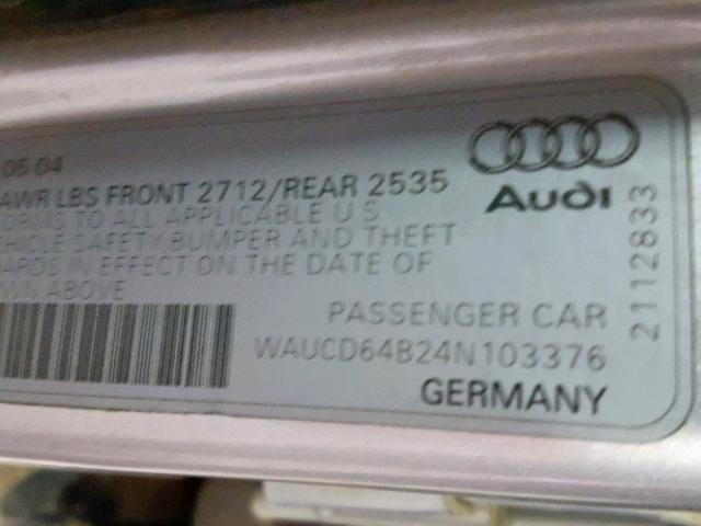 WAUCD64B24N103376 - 2004 AUDI A6 S-LINE SILVER photo 10