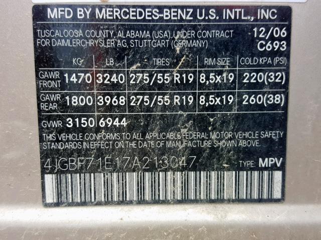 4JGBF71E17A213047 - 2007 MERCEDES-BENZ GL450 GOLD photo 10