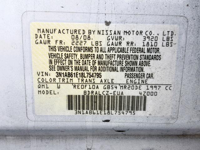 3N1AB61E18L754795 - 2008 NISSAN SENTRA 2.0 WHITE photo 10