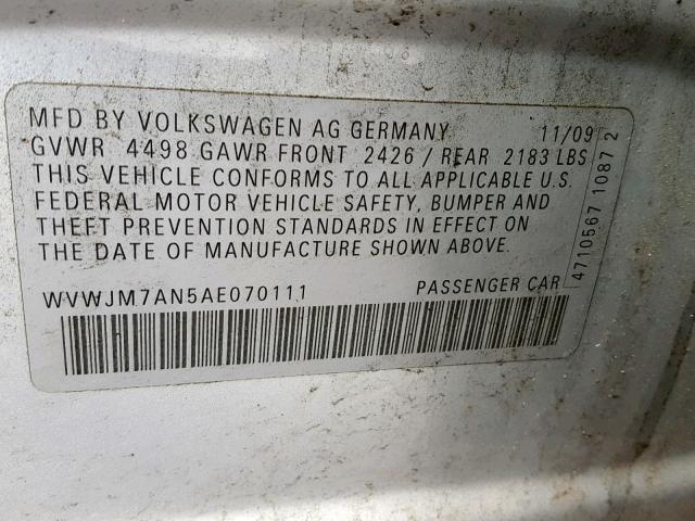 WVWJM7AN5AE070111 - 2010 VOLKSWAGEN PASSAT KOM SILVER photo 10