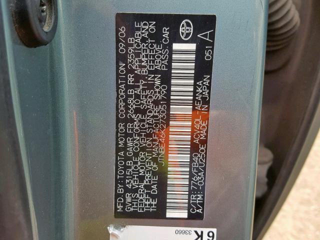 JTNBE46K273051790 - 2007 TOYOTA CAMRY NEW GREEN photo 10