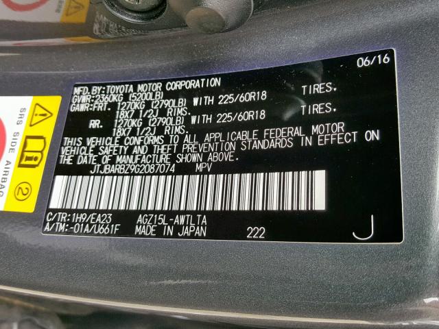 JTJBARBZ9G2087074 - 2016 LEXUS NX 200T GRAY photo 10