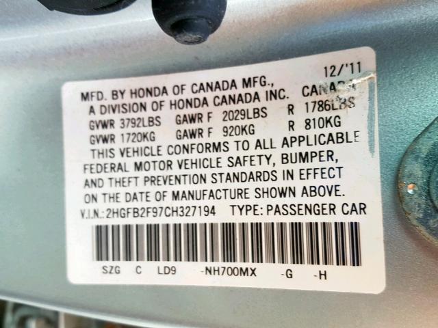 2HGFB2F97CH327194 - 2012 HONDA CIVIC EXL SILVER photo 10