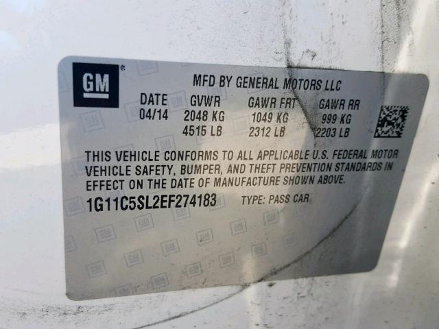 1G11C5SL2EF274183 - 2014 CHEVROLET MALIBU 1LT თეთრი ფოტო 10