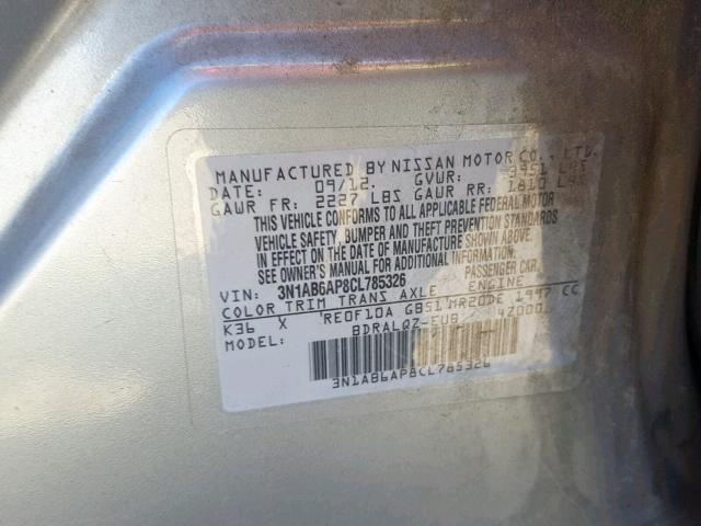 3N1AB6AP8CL785326 - 2012 NISSAN SENTRA 2.0 GRAY photo 10