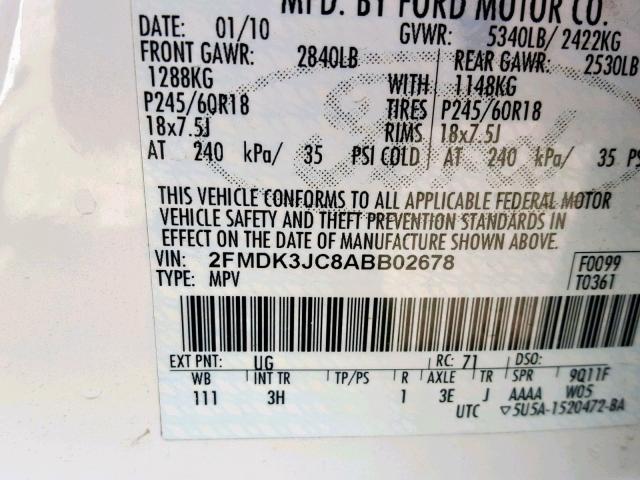 2FMDK3JC8ABB02678 - 2010 FORD EDGE SEL WHITE photo 10