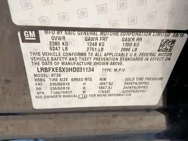 LRBFXESX9HD031134 - 2017 BUICK ENVISION P CHARCOAL photo 10