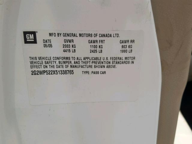 2G2WP522X51338765 - 2005 PONTIAC GRAND PRIX WHITE photo 10