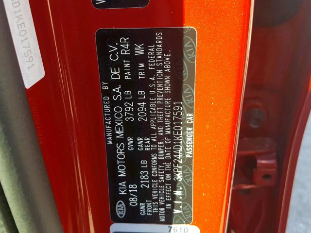 3KPF24AD1KE017591 - 2019 KIA FORTE FE RED photo 10