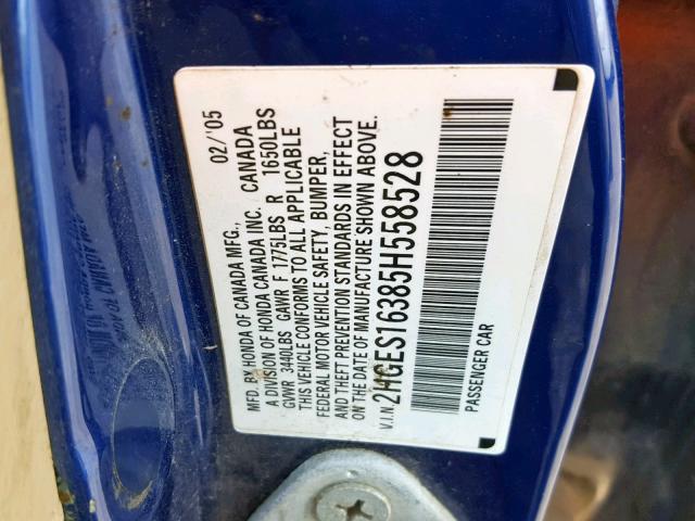 2HGES16385H558528 - 2005 HONDA CIVIC DX V BLUE photo 10