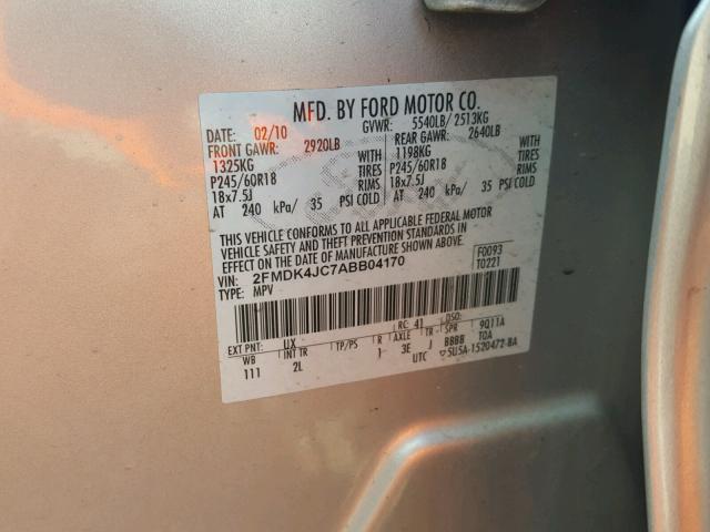 2FMDK4JC7ABB04170 - 2010 FORD EDGE SEL SILVER photo 10