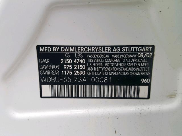 WDBUF65J73A100081 - 2003 MERCEDES-BENZ E 320 WHITE photo 10