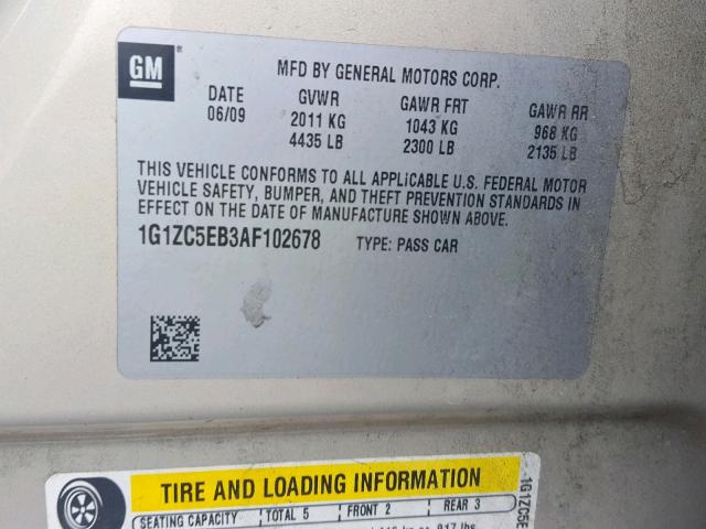 1G1ZC5EB3AF102678 - 2010 CHEVROLET MALIBU 1LT ოქროსფერი ფოტო 10